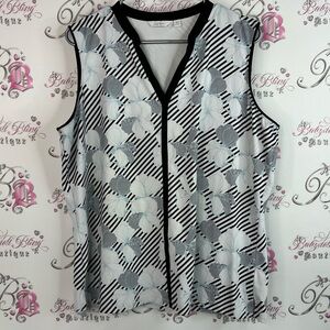 Lady Hagen tank top vest flowers line work Black White Striped Floral Blouse